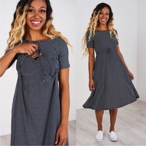 Latched Mama Black and White Striped Midi Nursing Dress